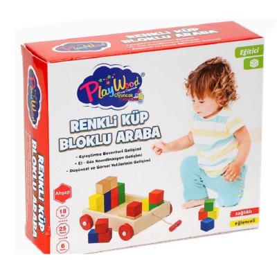 Play Wood Eğitici Ahşap Oyuncak Küp Bloklu Araba Renkli Çek-Çekli 18+ Ay